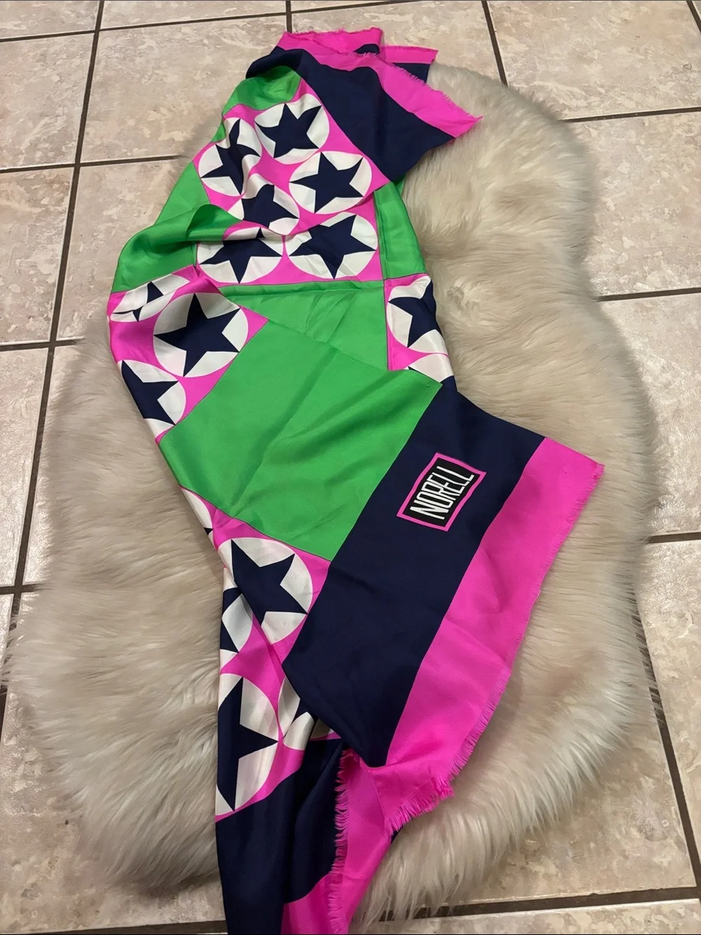 Vintage Norell 100% Silk Neon Starprint Scarf Wrap in Pink, Green & Navy
